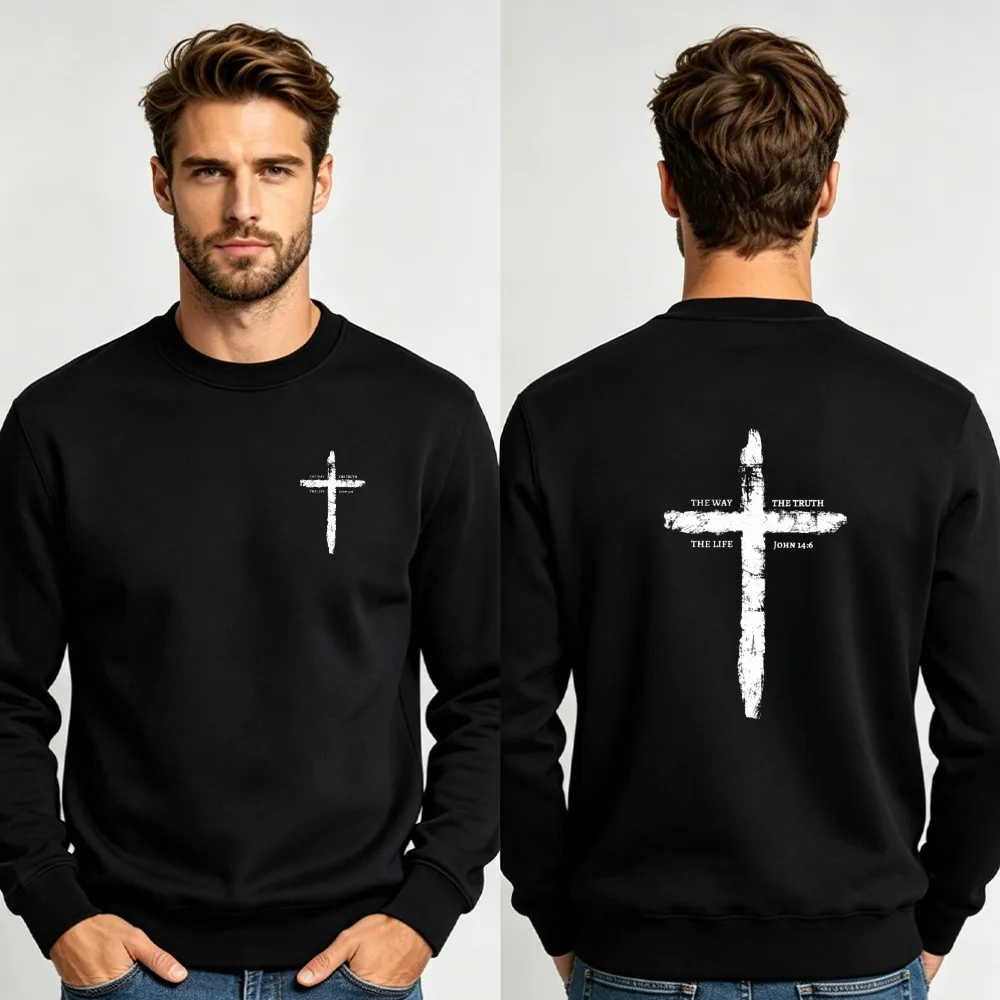 Men Distressed Grunge Cross Double Sided Crewneck Sweatshirt Minimal Christian Faith Print Loose Long Sleeve Pullover Sweatshirt