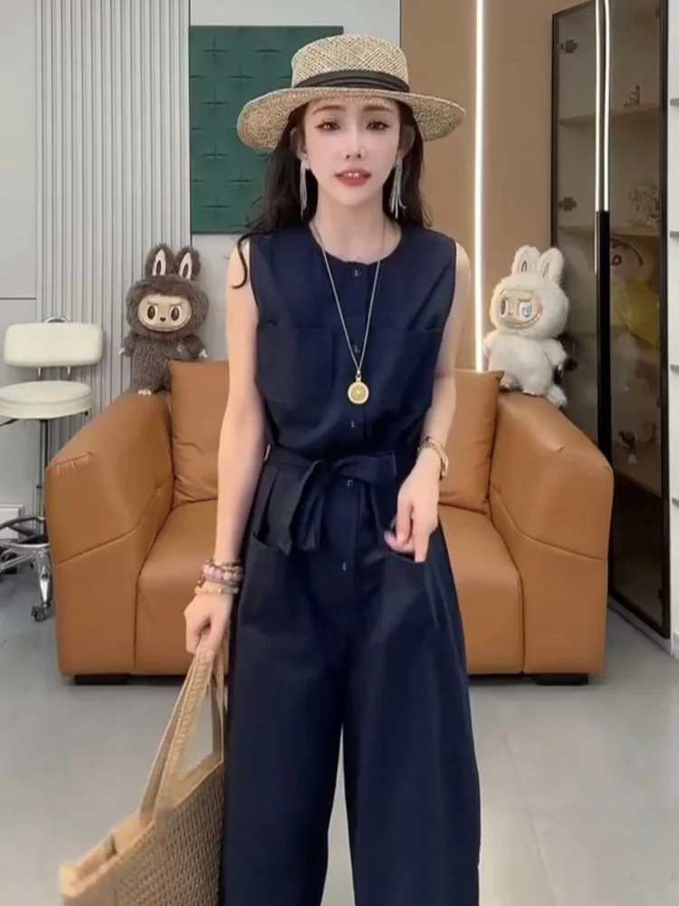 2025년 여름 패션 캐주얼 루즈 여성 세트 한국 스타일 슬림핏 스웨트셔츠 와이드 레그 팬츠 점프수트 폴리에스터