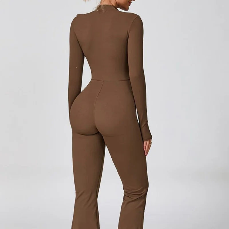 Tight Zipper Long Sleeved Jumpsuit Women Yoga Sportswear Long Sleeved Flared Pants Fitness Sportswear Jumpsuit