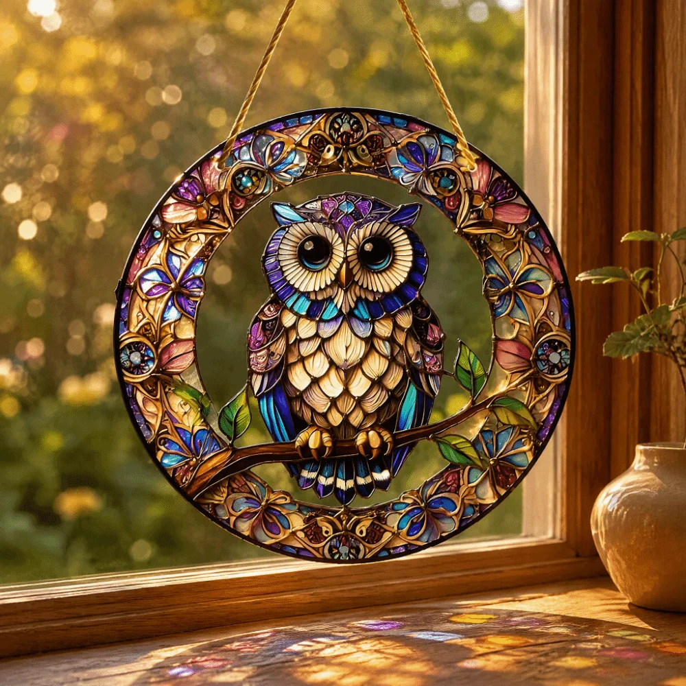 Flat Acrylic Sun Catchers 20cm Diameter Cord Included Stained Glass Decor Printed Pattern Floral Border Owl Ornaments Home Decor