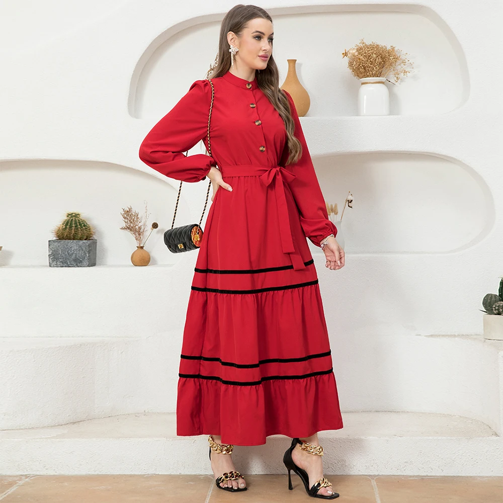 Sweet High collar Color contrast Solid color Buttons Ribbon Shirt sleeve Long Dresses