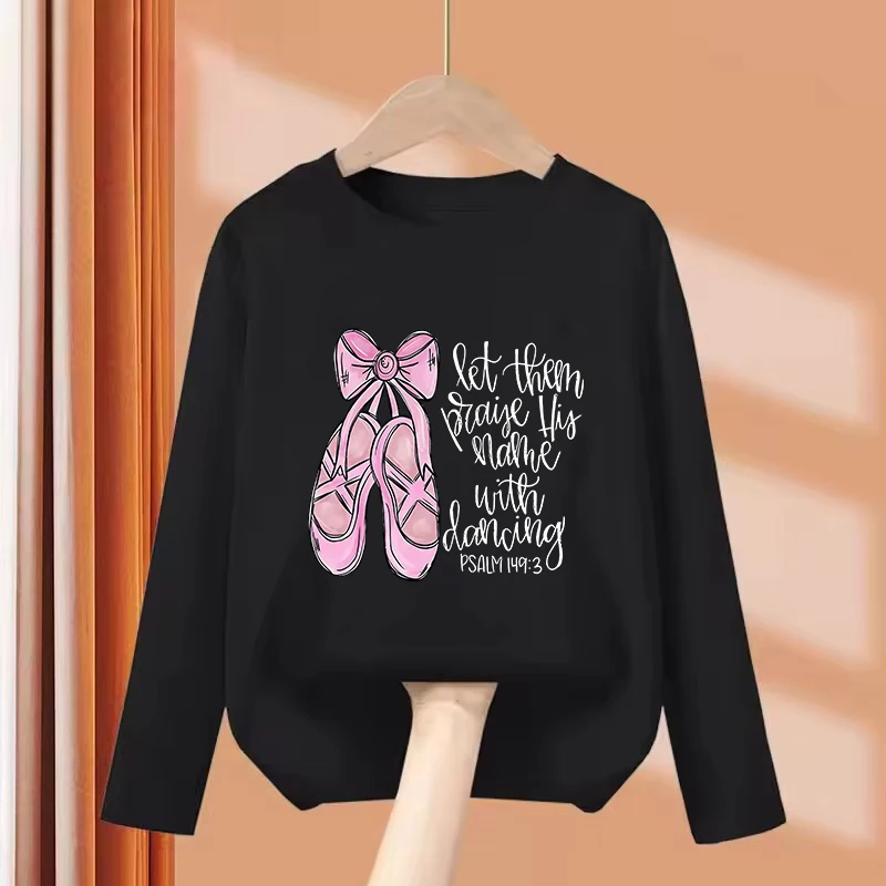 Long Sleeve Streetwear Pink Color Dance Shoes T Shirts Funny Kids Children's T-shirt  Girls Summer Spring Casual Top Tee Shirt
