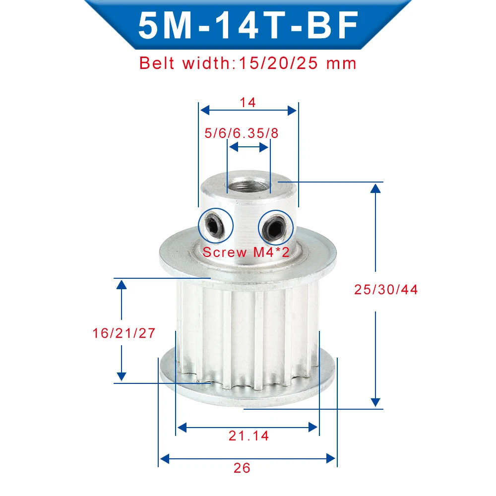 5M 14T Alloy Pulley Inner Bore 5/6/6.35/8/10 mm Pulley Wheel Circular Arc Tooth Fit For 5M Synchronous Belt Width 15/20/25 mm