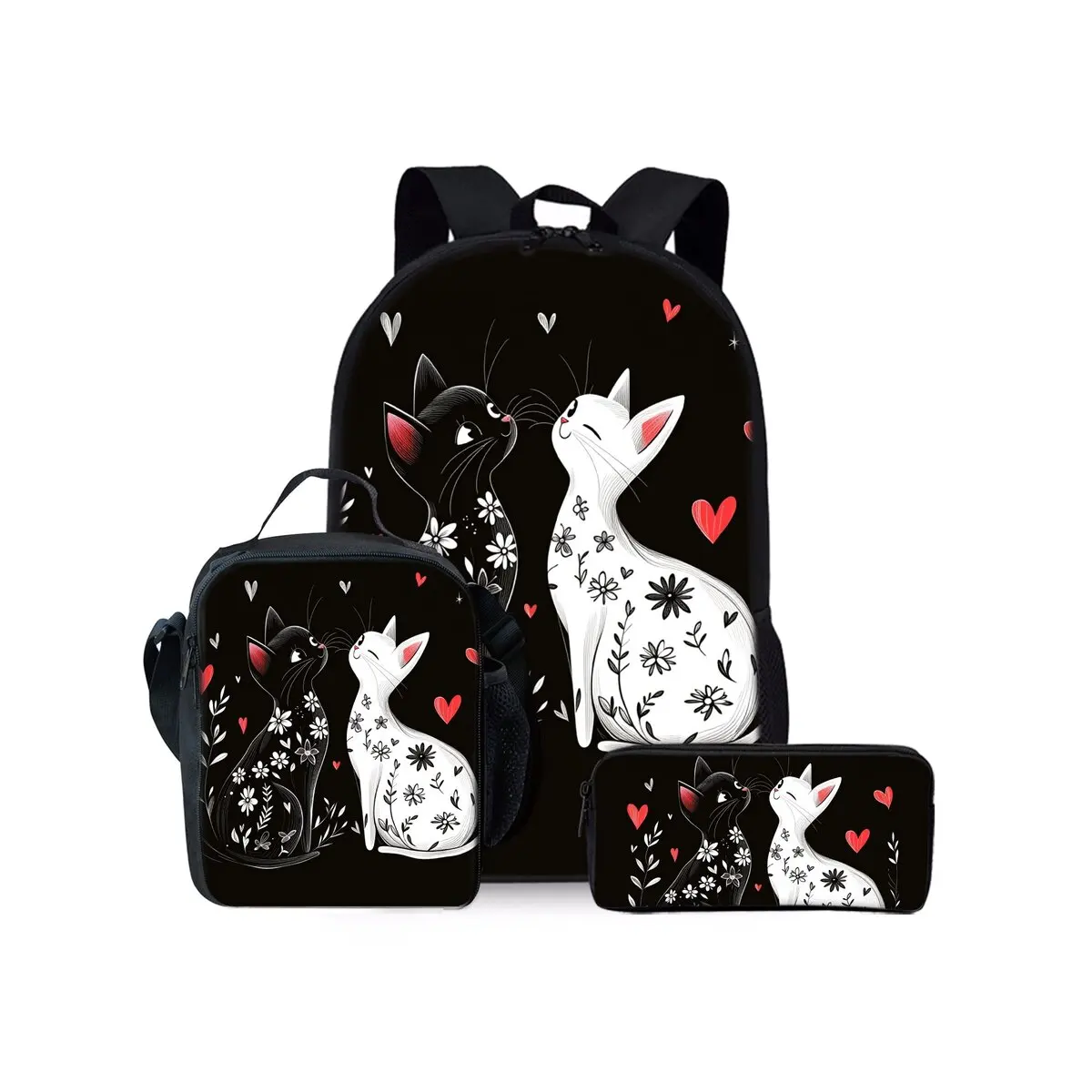 Black White Cat Print Three Piece Set Backpacks For Boy And Girls Best Gifts 2D Flat Cartoon School Bag For Children