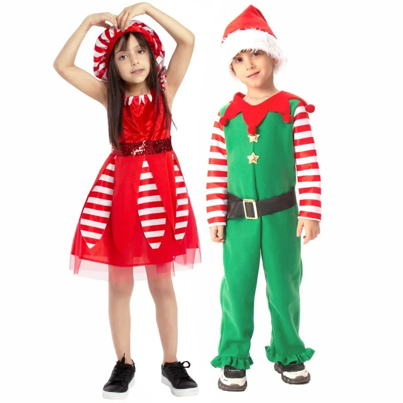 

Kids Xmas Party Outfits Christmas Elf Cosplay Costumes Children Santa Claus COS School Party Stage Performance Dress Boys Girls