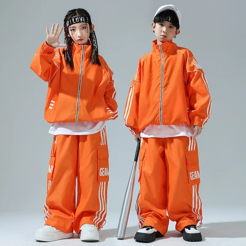 

New Street Dance Costumes for Boys Orange Hip Hop Suit Girls Fashion Jacket Pants Modern Kpop Outfits Group Stage Wear Sets