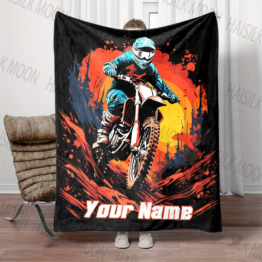 

1PC Customized Name Personalized Blanket Motocross Print Warm and Comfortable Sofa Bed Blanket for Adults and Children for Gifts