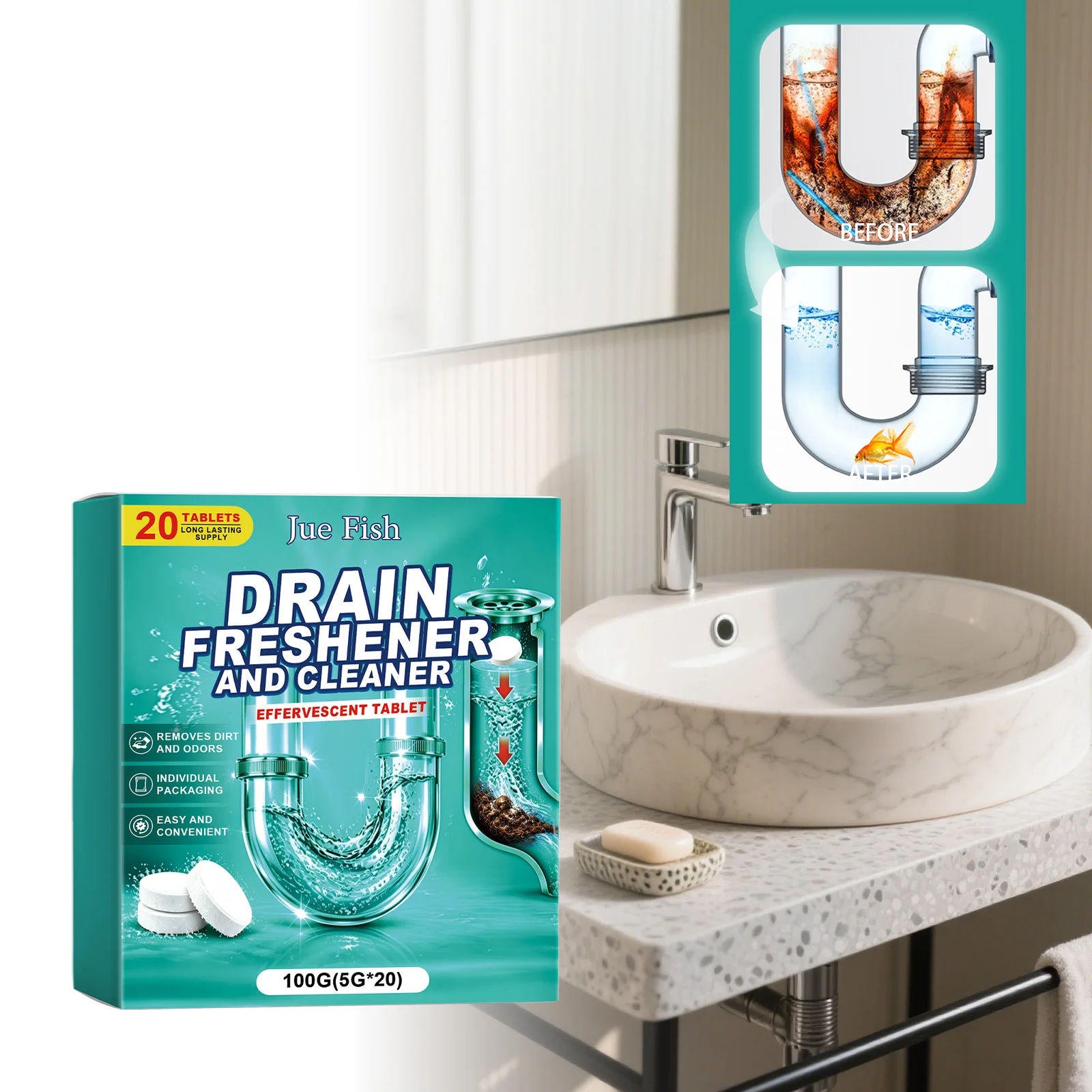 Drain Effervescent Tablets Household Pipe Cleaner Dissolve Grease Hair Food Residue Unclog Toilet Floor Drain Sewer Deodorizer
