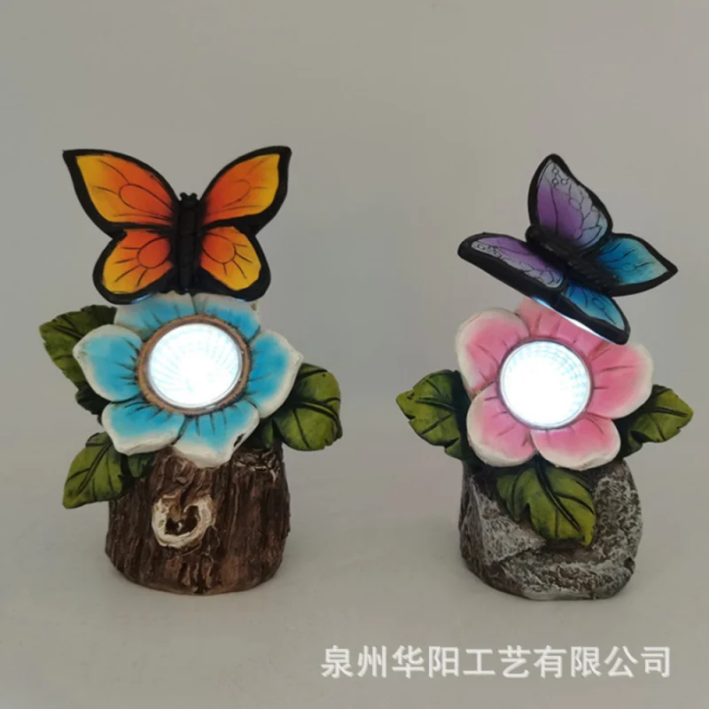 Outdoor resin garden solar-powered simulated wood and stone lamp ornament with flowers and butterflies for the courtyardLEDSpotl