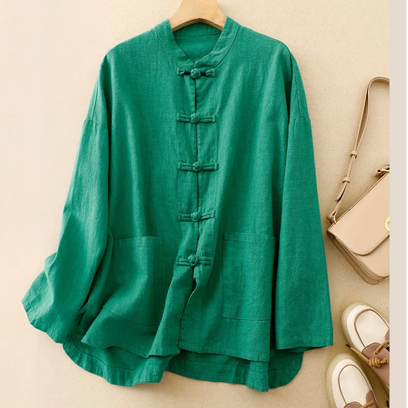 Chinese Retro Buckle Cotton Linen Shirt Women Spring Autumn Solid Color National Zen Cardigan Tea Clothes Wearing Linen Tops
