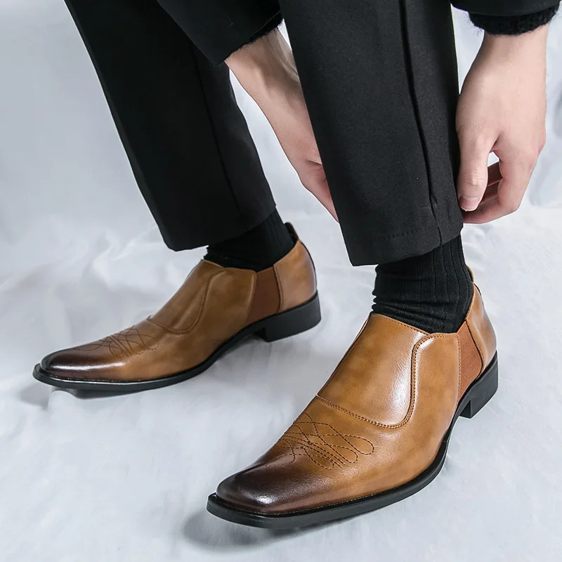 

Мужские лоферы в британском стиле, двухцветные, с квадратным носком, без шнурков, на плоской подошве, для делового повседневного стиля, удобные, нескользящие, кожаные туфли