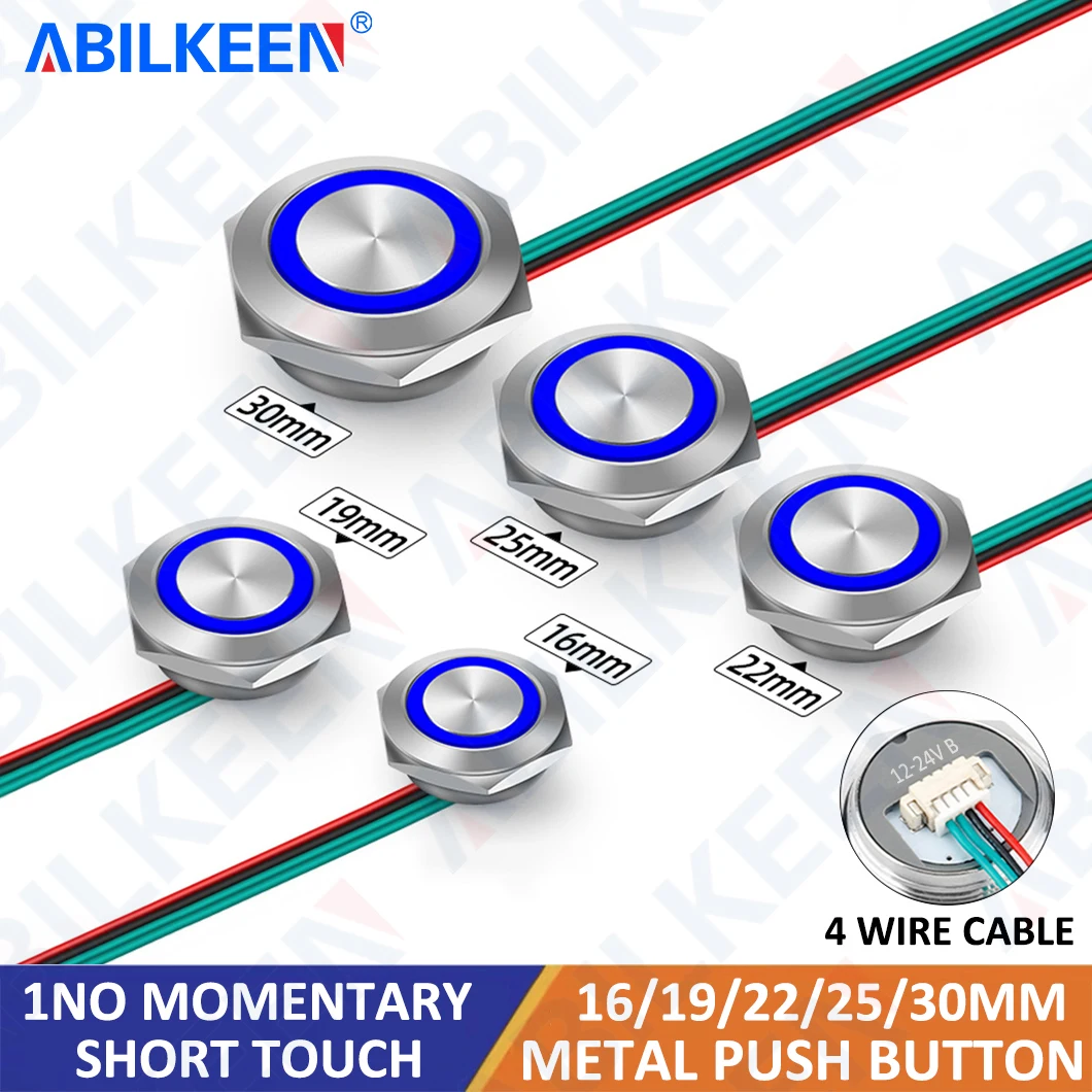 ABILKEEN 16/19/22/25/30MM Mini Ultra-Thin Metal Push Button Switch 1NO Momentary Short Touch Power Button Switch with Wire Cable