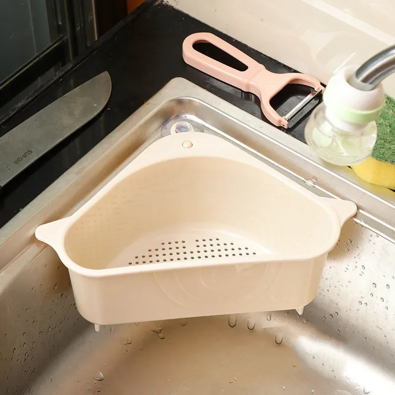 Kitchen Sink Drain Storage Basket Triangular Plastic Storage Rack Vegetable And Fruit Basket With Suction Cup Fruit Storage Rack