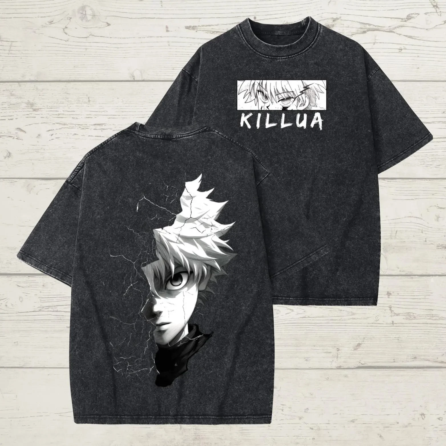 Killua HxH Anime Acid Wash T-shirt en coton vieilli décontracté Vintage à manches courtes col rond haut imprimé graphique en plein air usage quotidien