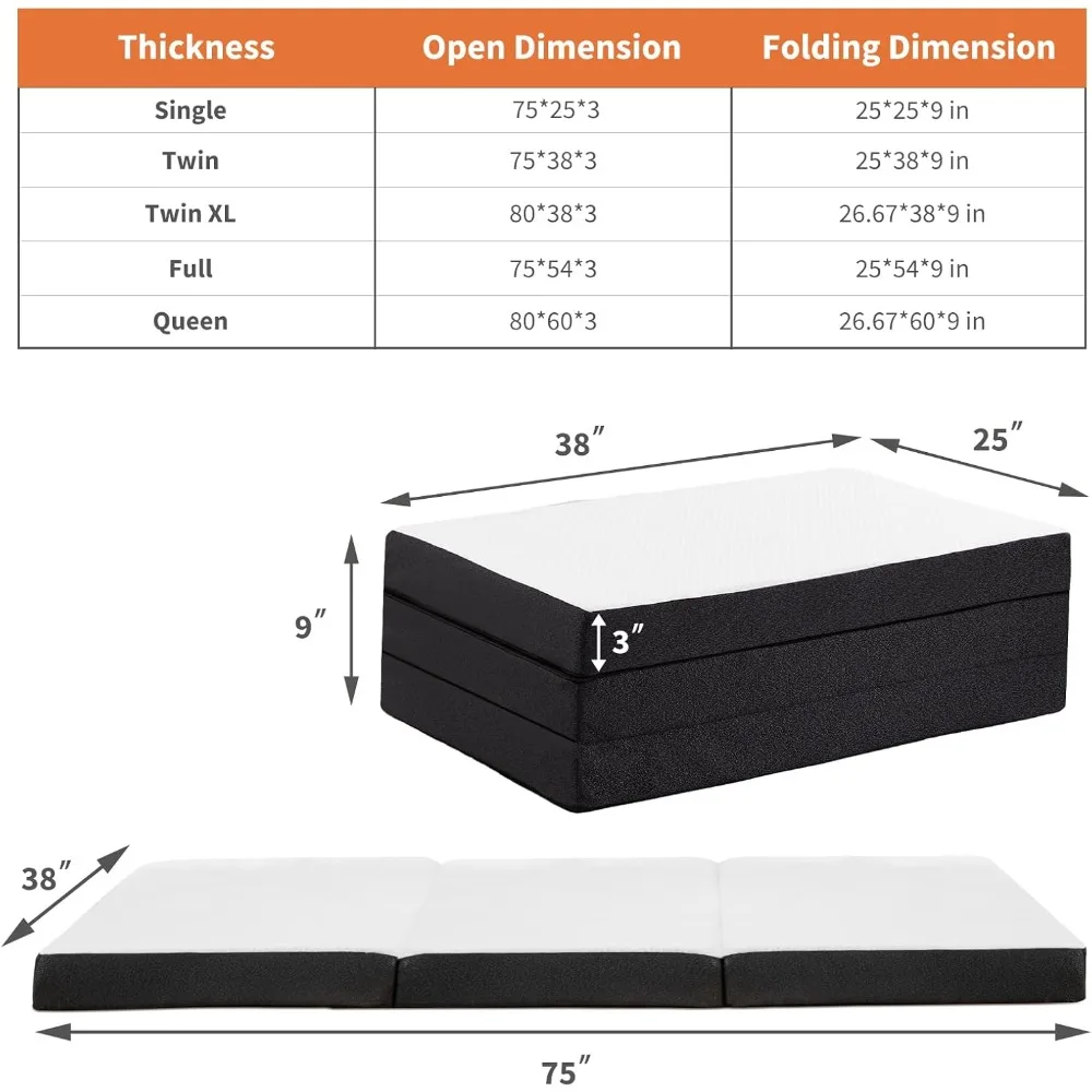 Folding Mattress, 3-inch Trifold Memory Foam Mattress Topper , Foldable Floor Mattress Guest Bed Twin Size for Camping