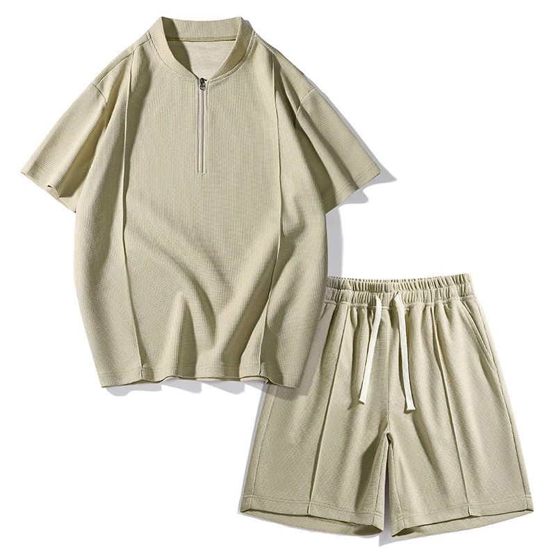 2026 Summer Men Waffle Knit Loose 2PCS Set, Half Zip Breathable Short Sleeve T-Shirt & Casual Shorts, Fashion Street Sports