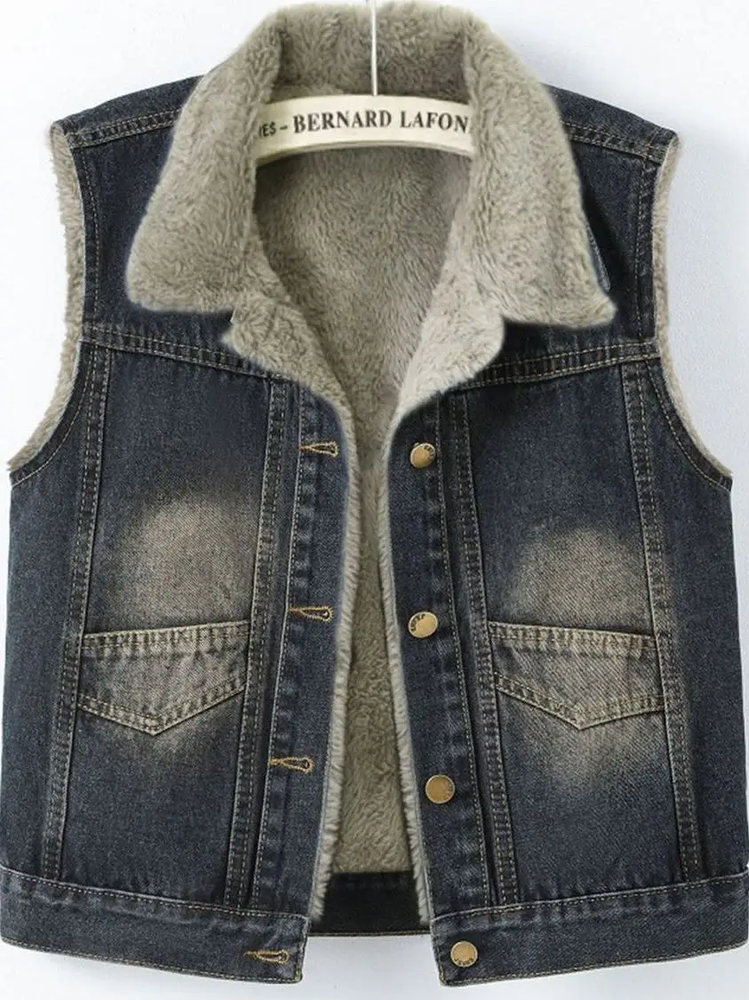 

Джинсовый жилет в стиле ретро с подкладкой Thi, женский жилет небольшого размера, свободный крой, универсальный тюнер, сильный теплый жилет с одной пуговицей