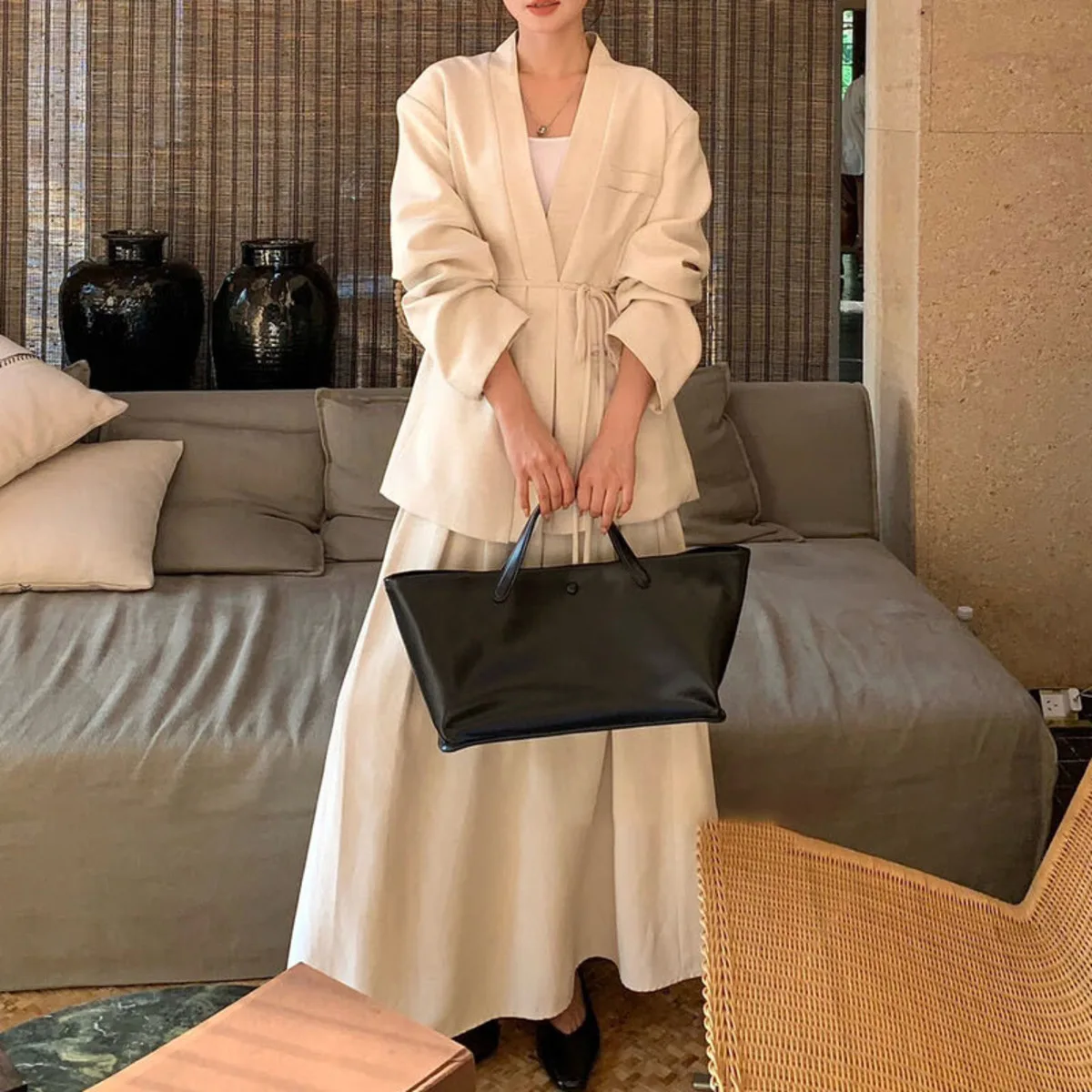 KWTX 2025 Retro linnen pakset dames blazer met V-hals en hoge taille rok outfit met tailleband elegante kantoorkleding herfstjas