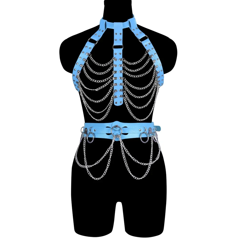 الجسم تسخير للنساء الجلود قفص مشد حزام مثير الملابس الداخلية الفاخرة السيف حزام الشرير القوطي ملحقات السلسلة ارتداء الهذيان الأربطة