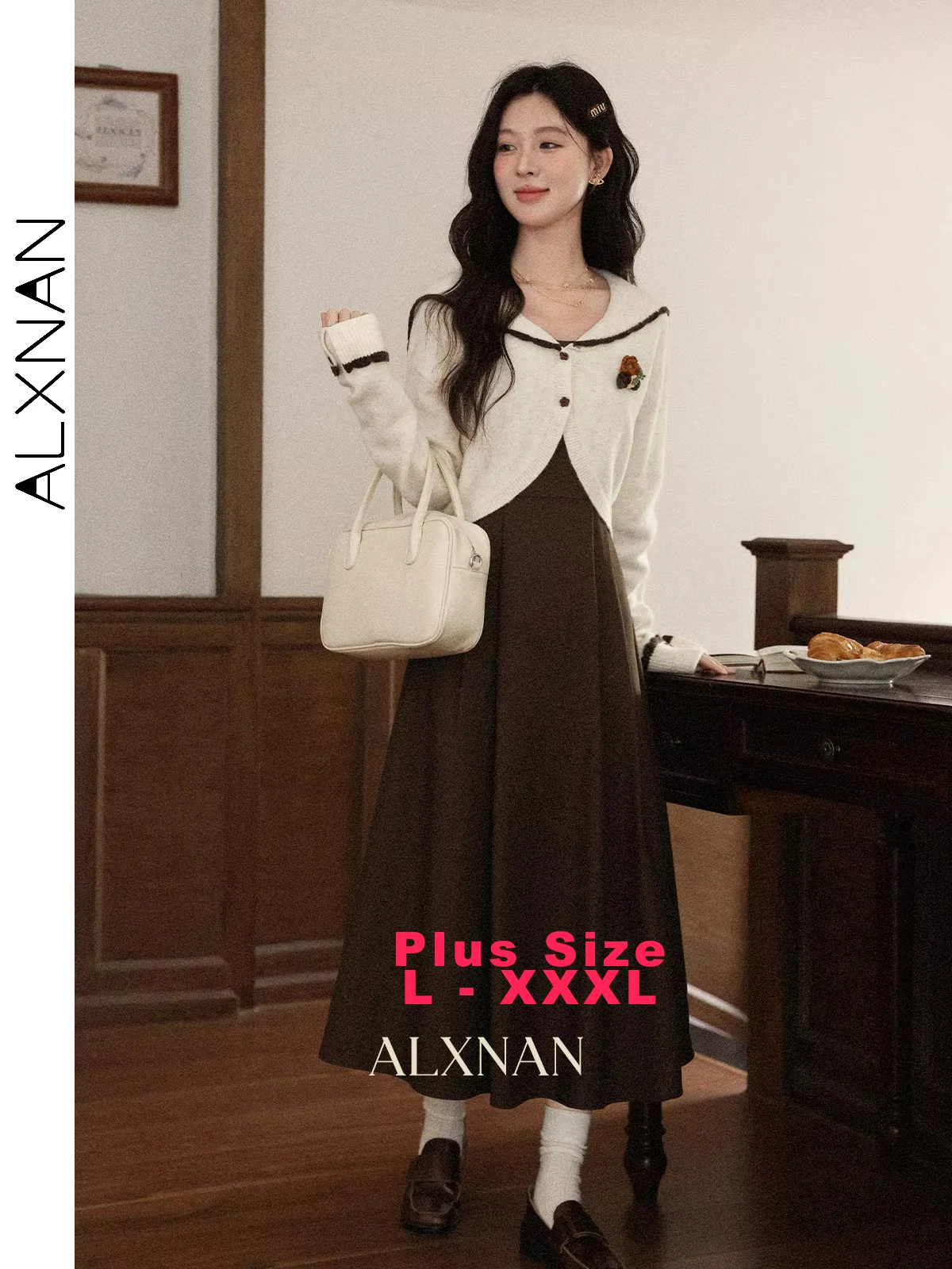 

ALXNAN Plus Size Brown Sleeveless Dress Long A-line French Elegant Women's Dresses Holiday Party Casual Female Clothing D13053
