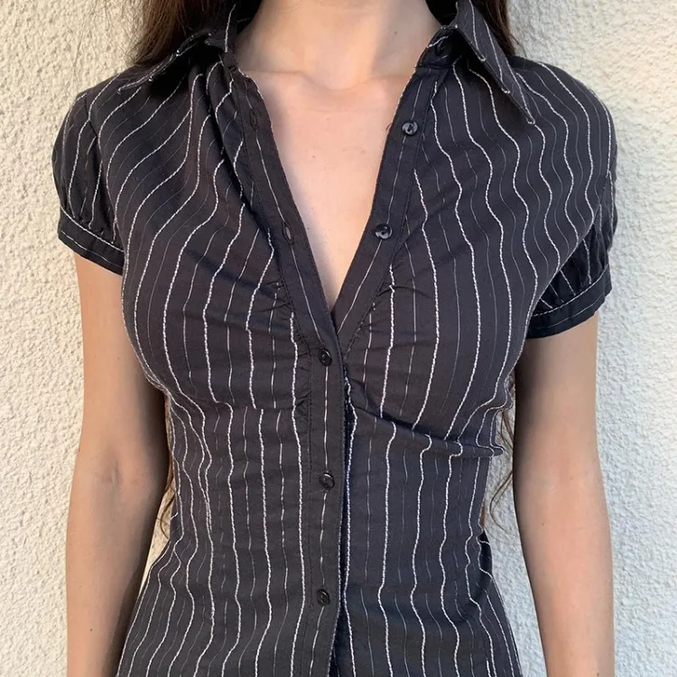 American Striped Print Single Breasted Blouses 2024 Sumemr New Lapel Neck Shirts Women Y2k Slim Fit Short Sleeve Blusas Mujer