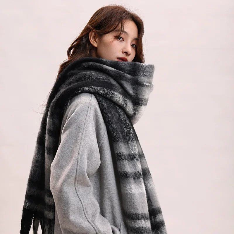 Protective Winter Thickened Mohair Black White Plaid Scarf Korean Style Warm Neck Warmer for Women and Couples