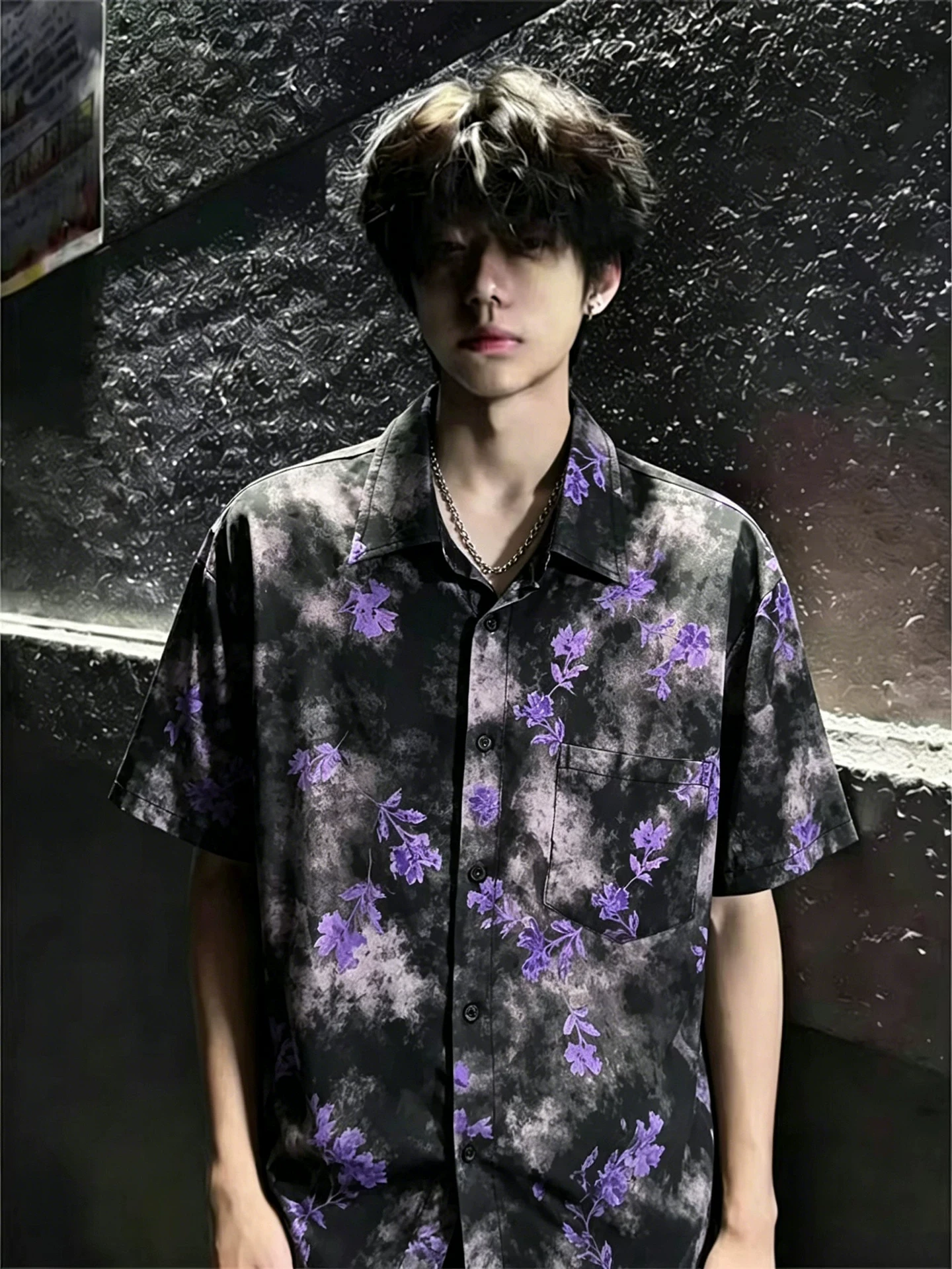 American Dyed Ice Silk Flower Men's Shirt Short Sleeve Baroque Beach Five-Quarter Sleeve Drapey Shoulder Fit Summer Shirt