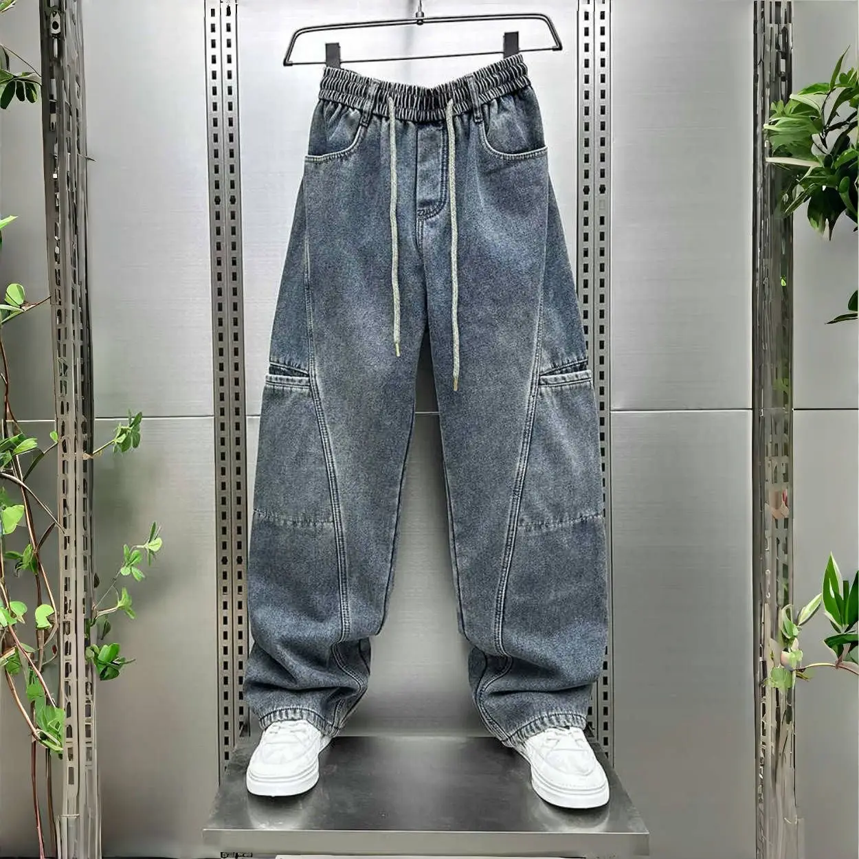 Drawstring Jeans Men's 2026 Autumn Winter New Elastic Waist Loose Straight Wide Leg Pants Fashion Splicing desinger Casual Pants