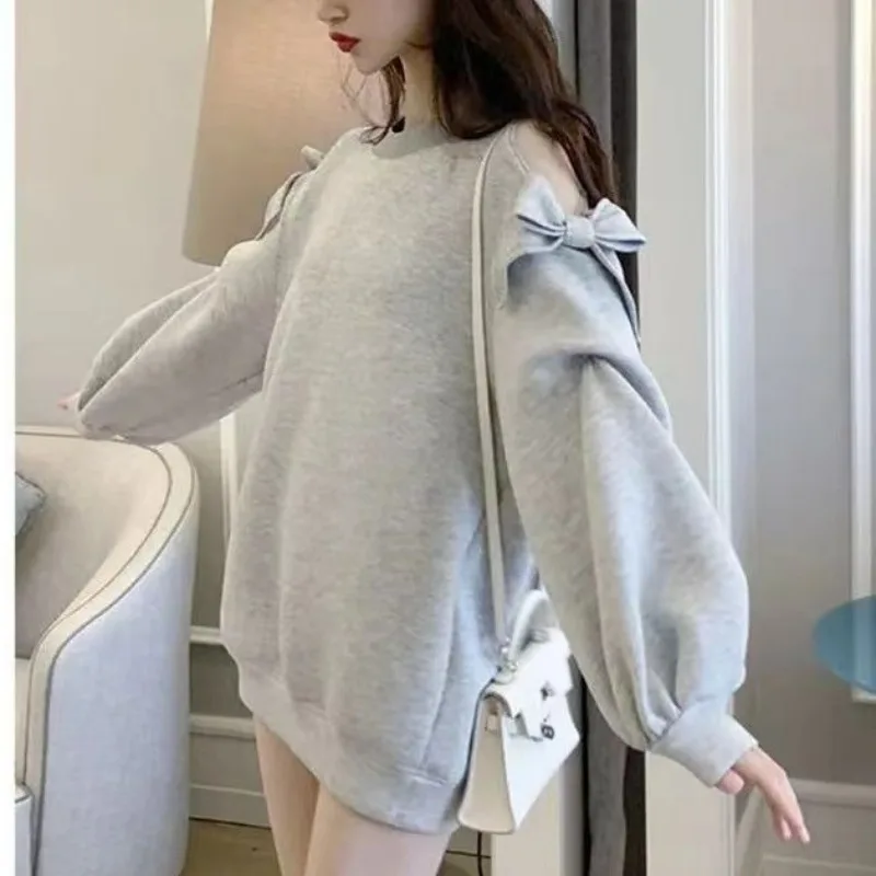 

Женская тонкая толстовка без капюшона с открытыми плечами, длинными рукавами, средней длины, больших размеров, весна-осень, в стиле INS, для модных девушек, с узлом
