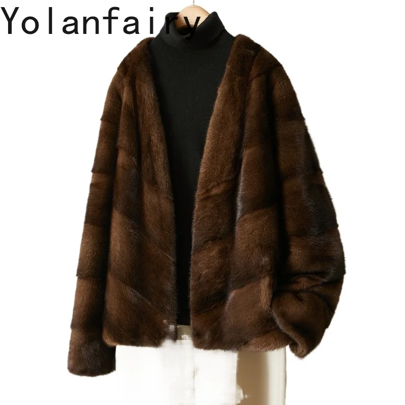 

YOLANFAIRY High-end Natural Fur Coat Woman Luxury Winter Fashion Real Whole Mink Fur Jacket Women Elegant Coffee Color Fur Coats