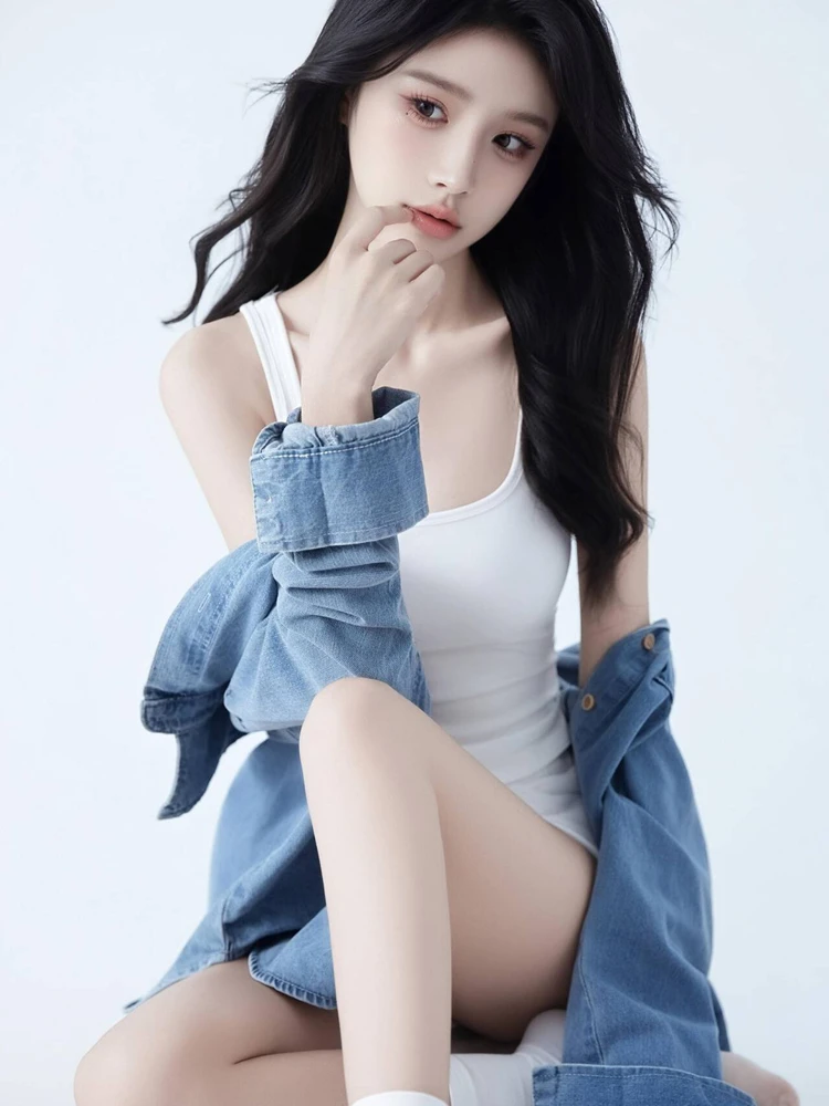 

New Fashionable Korean Style Denim Photography Costume Oxygen Feel Studio Art Photo Personal Artistic Portrait Dress