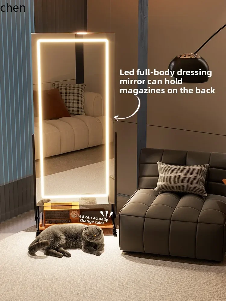 DSA removable full body mirror floor mirror household storage magazine rack bedroom mobile fitting