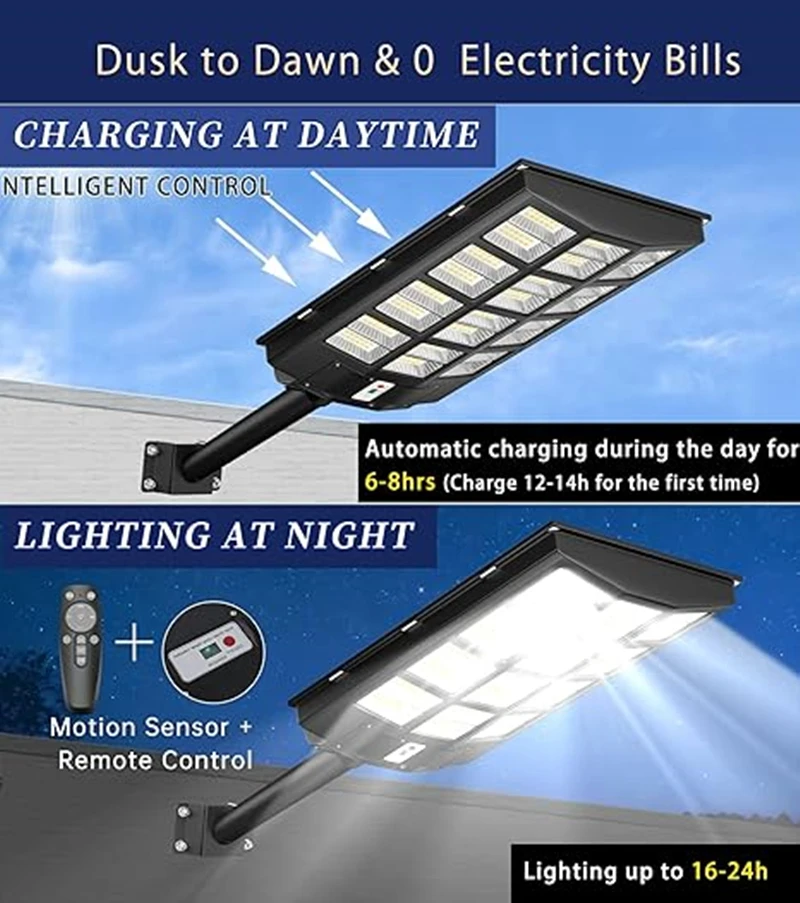 2000W Potente Lampada solare a LED a luce solare IP67 Lampioni stradali a energia 3000K-6500K Lampade con sensore di movimento impermeabili