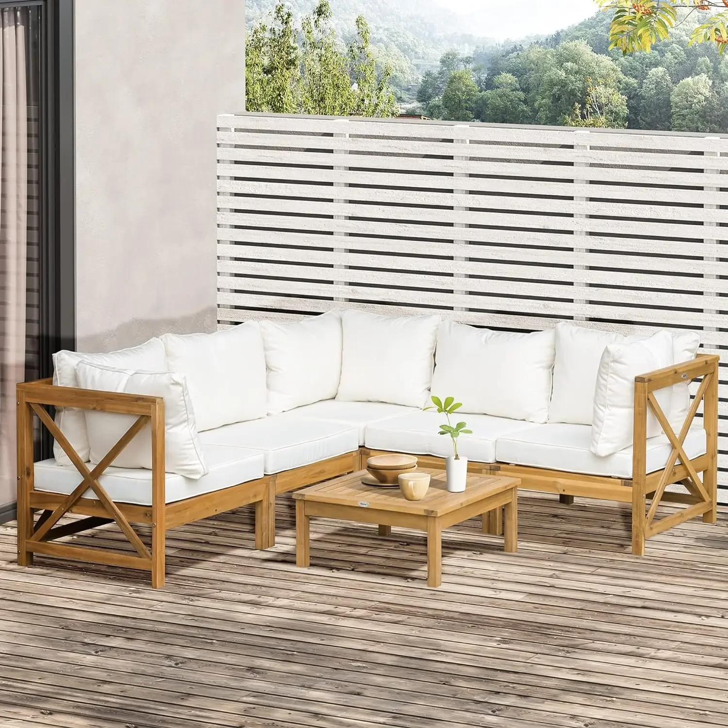 6 Piece Wood Patio Furniture Set, Outdoor Sectional Sofa with Cushions and Coffee Table, Acacia Wood Conversation Set Couch