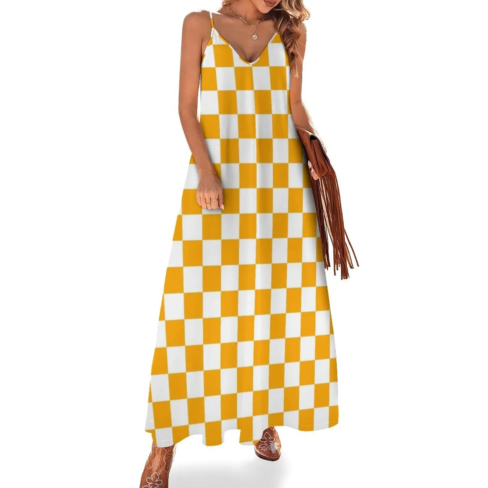 

Orange And White Checkerboard Pattern Sleeveless Dress dresses for prom women's summer clothing 2024