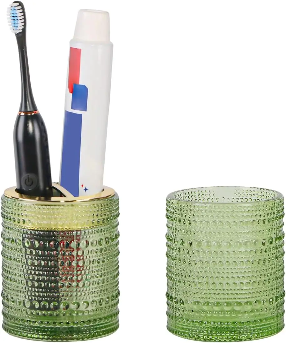 

Glass Toothbrush Holders Set, 2pcs 10oz Bathroom Tumbler Cup with Gold Detachable Slot, Organizer for Toothpaste Razor