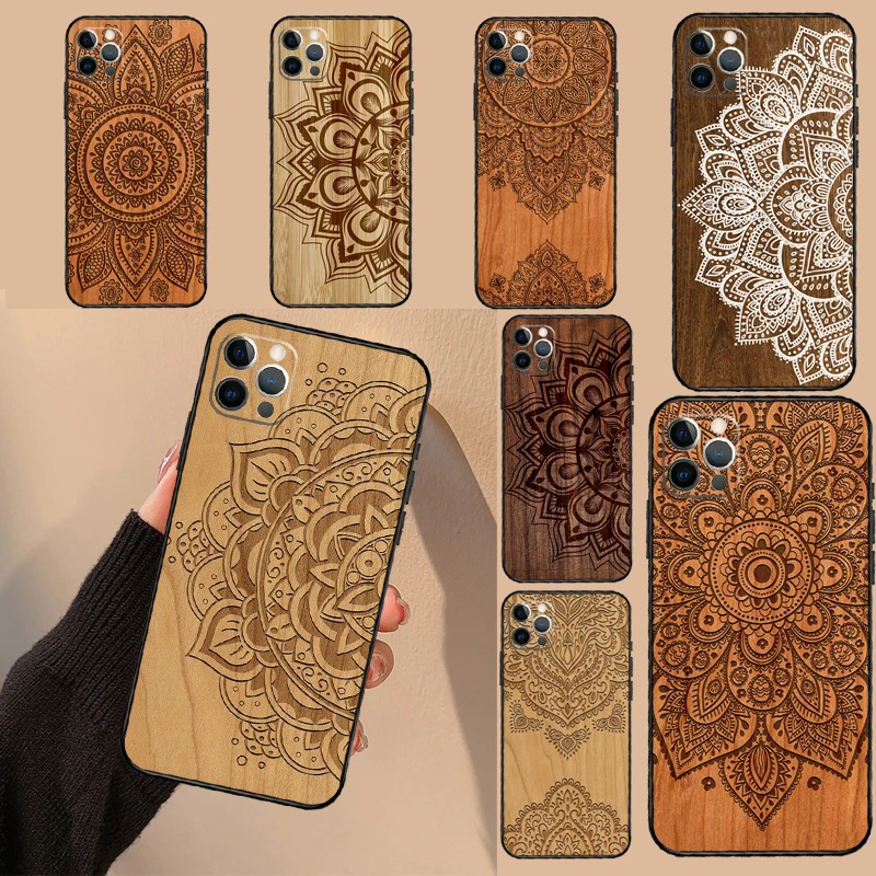 Mandala Floral Wood Funda For iPhone 15 14 13 12 11 Pro Max Mini 7 8 14 Plus SE 2020 2022 XS Max X XR Phone Case