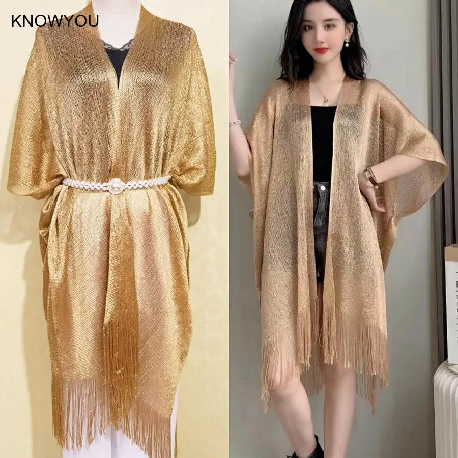 Split Tassel Mesh Shawls Mesh Sheer Shiny Knitted Tunic Beach Cover Up Sexy Evening Dress Shawls Beach Wear Beachwear Female