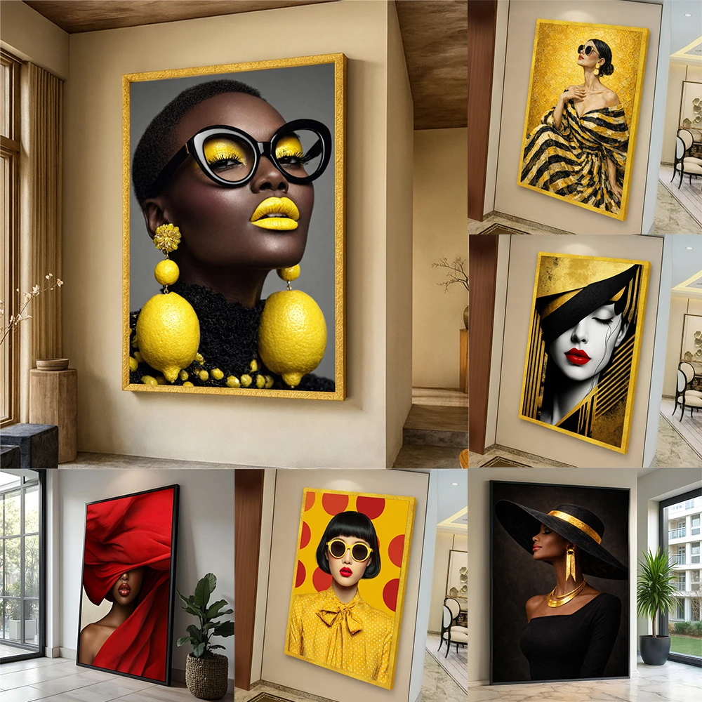 Vibrant Yellow Makeup Bold Lemon Earrings Canvas Painting Fashion Woman Portrait Wall Art Poster Modern Home Decoration