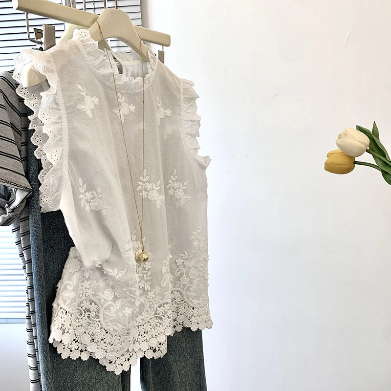 

Топ с вышивкой и кружевными вставками для женщин, из смесовой хлопковой ткани, летний, цветной, повседневный...