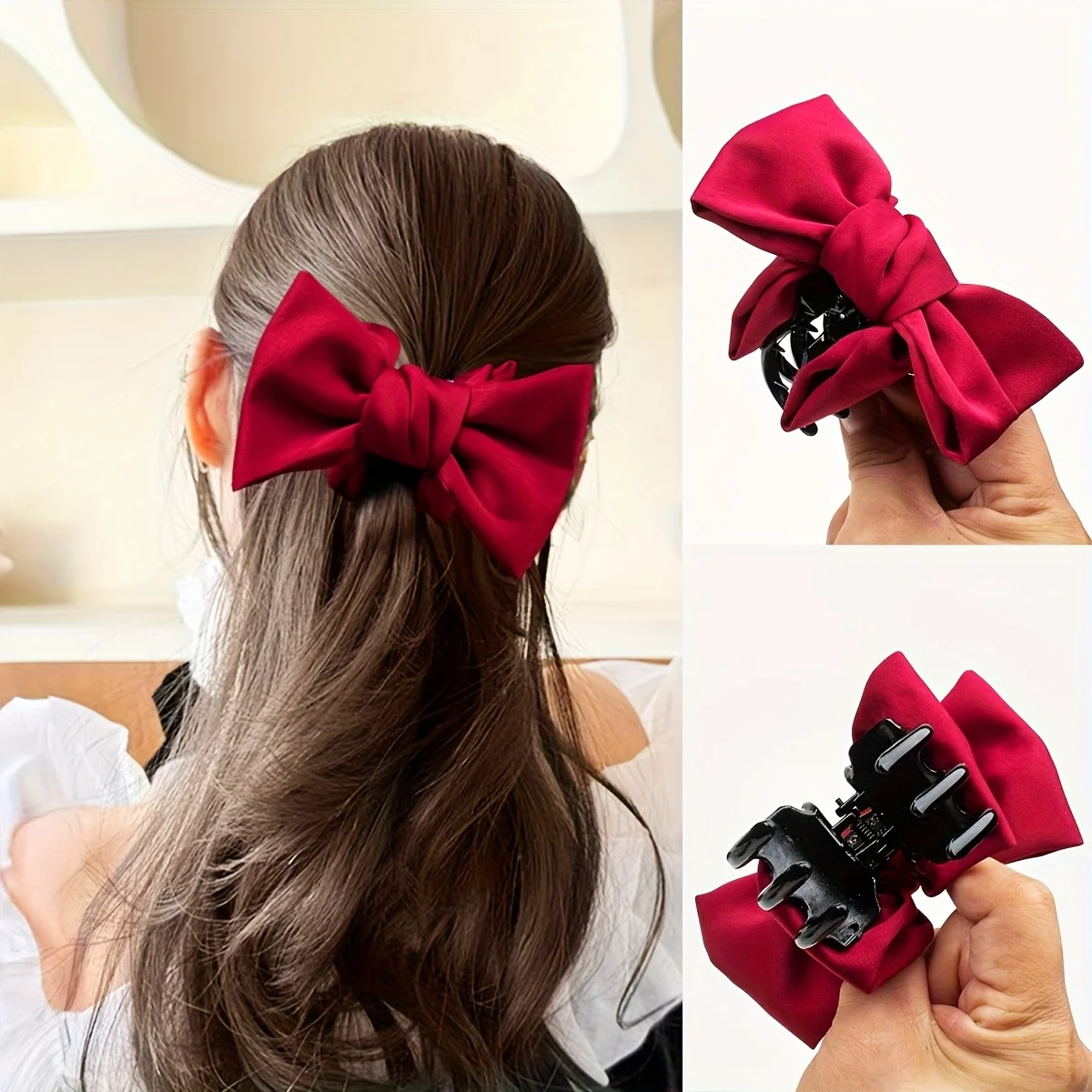 3er-Set glatte Satin-Haarschleifen-Clips, große, feste Scheiben-Haarspangen für Damen, für den Alltag, Dating, temperamentvolles Haar-Accessoire, Haarbündel-Haarschmuck – Detail 3