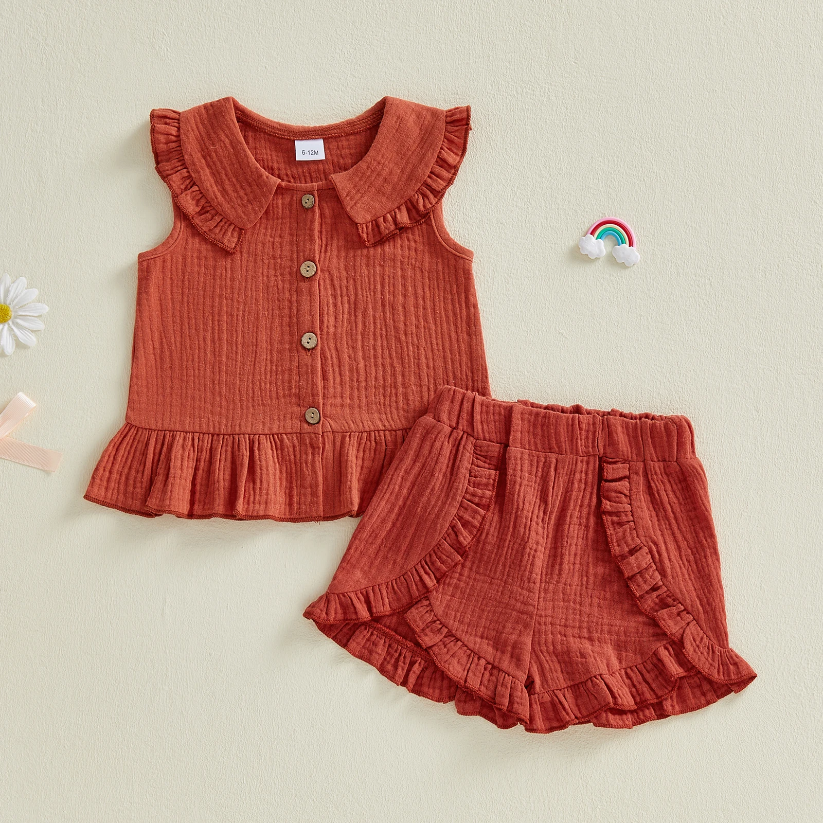 Infant Baby Girl Summer Outfits Solid Color Pleated Doll Collar Sleeveless Tank Tops Elastic Waist Shorts 2Pcs Clothes Set