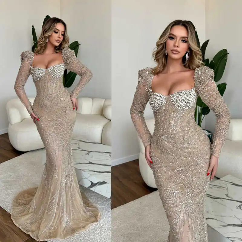 

Sparkly Beadeds Crystal Evening Dresses Long Sleeve Square Neck Prom Gowns Customized Celebrity Party Dresses