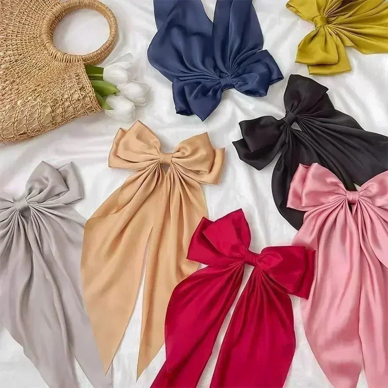 Fashion Two-layers Bowknot Streamer Hairpin Woman Girl Satin Ribbon Barrette Bow Back Head Spring Clip Headwear Hair Accessories