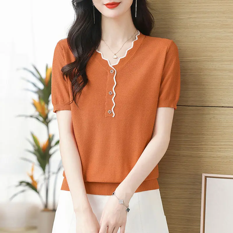 Women's Ice Silk Short Sleeves V-Collar Knitting Tops Wild Elastic Loose High Street Thin Buttons Short Sleeve T-shirt A230