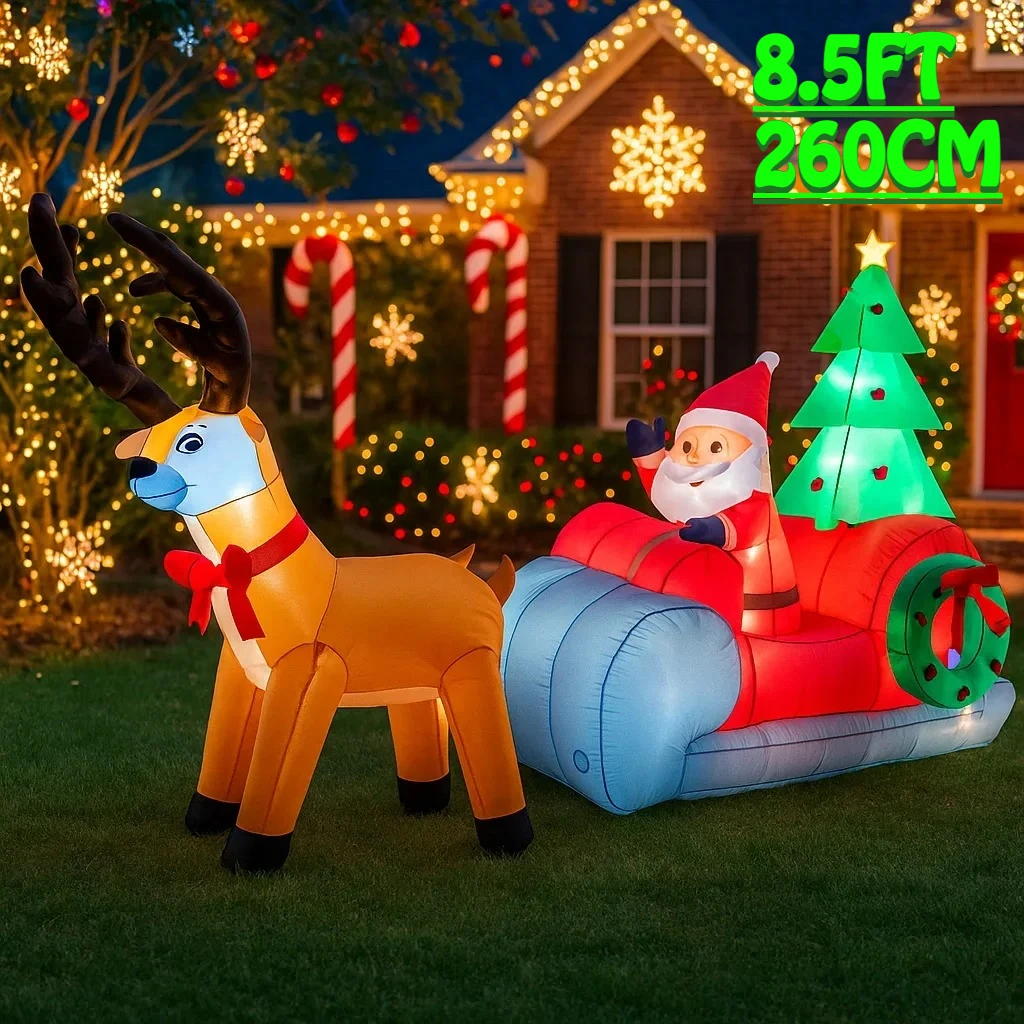 8.5FT Outdoor Holiday Decoration Santa Claus Reindeer Inflatable Christmas Yard Party Decor Xmas Ornaments Lights Home Toy