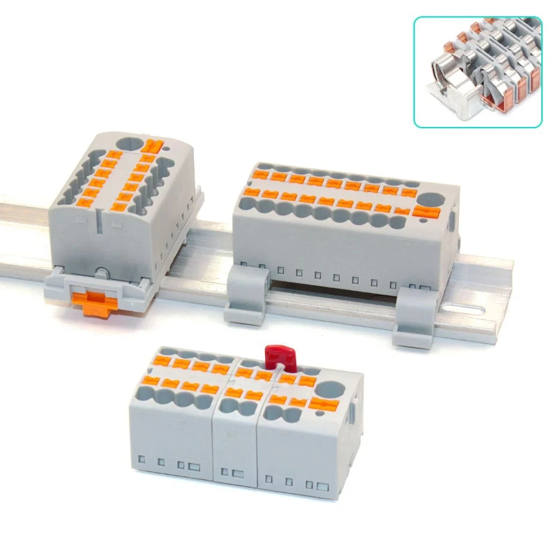 Wire and electrical connectors, one in, multiple out, plug-in and spliceable rail installation