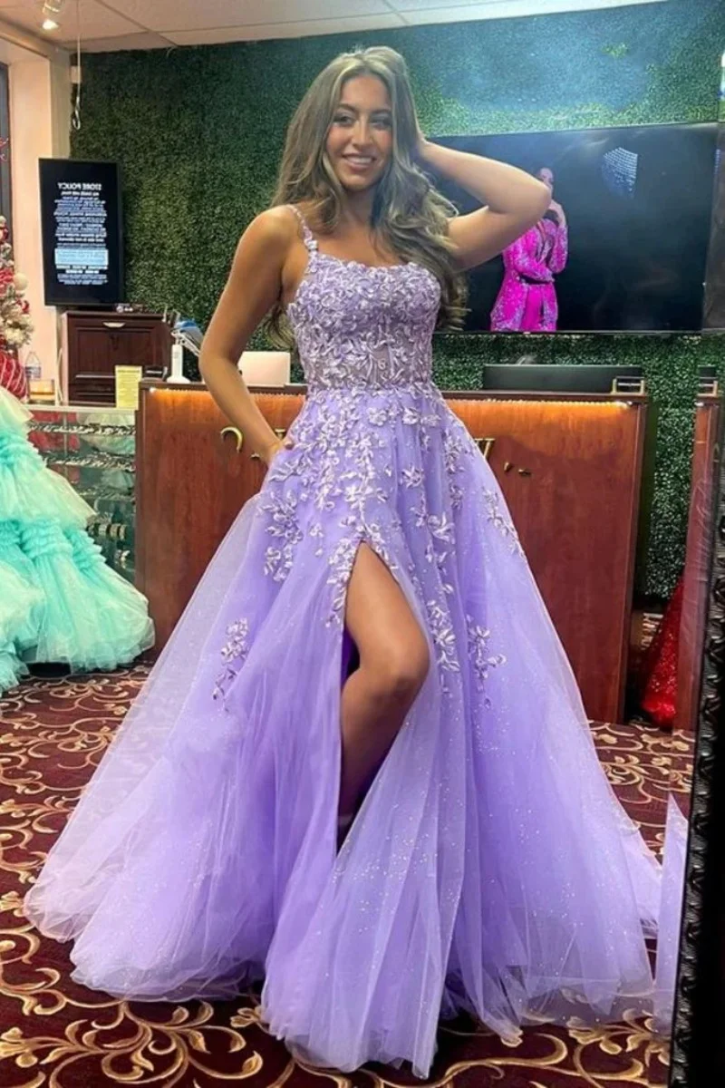 Spaghetti Straps A-line Prom Dresses Lilac Tulle High Split Long Evening Dress With Pockets Appliques Sequins Princess Dress