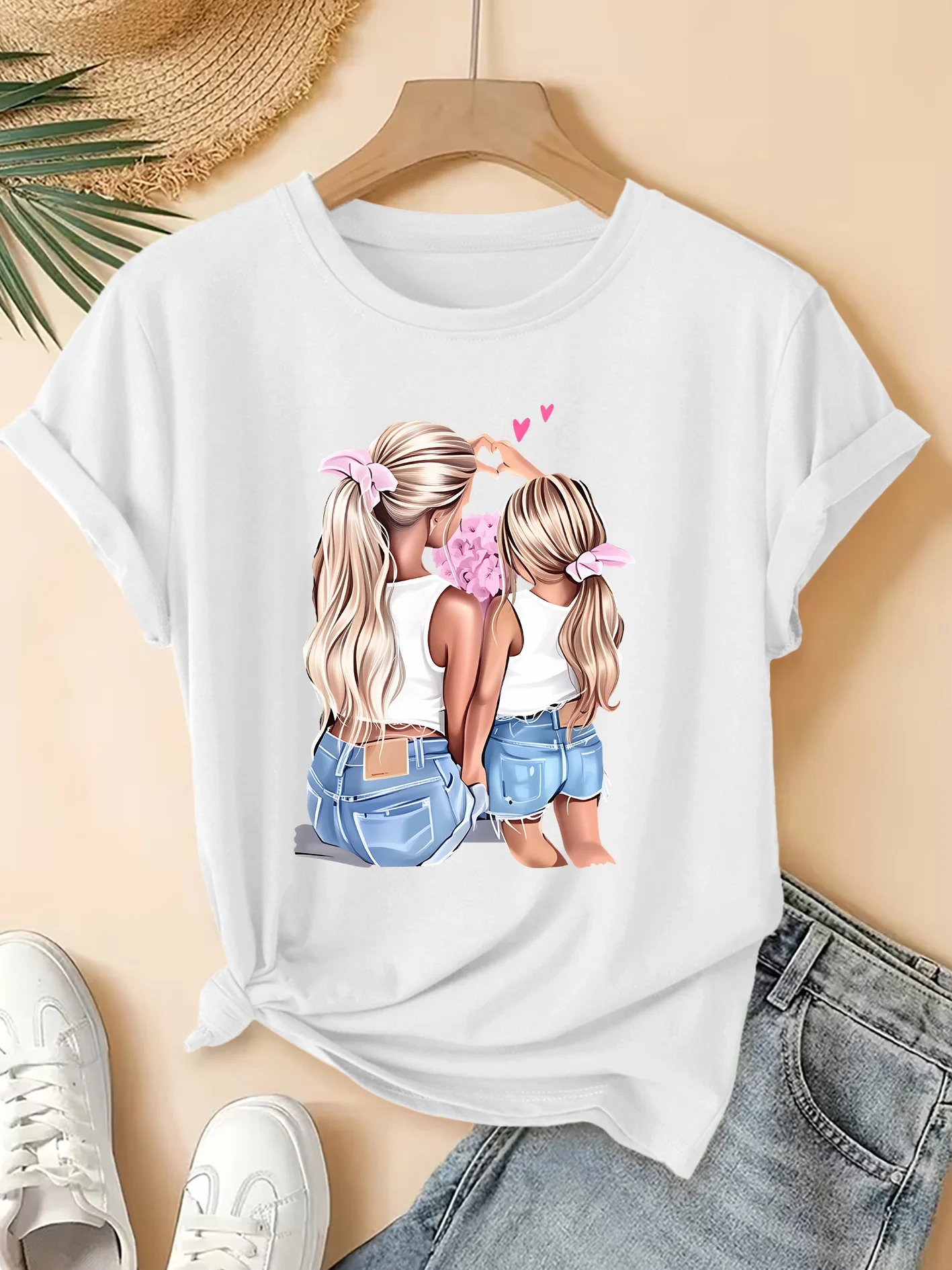 Women's Vintage Mother-Daughter Heart Silhouette Round Neck Short Bouse-Compatible Suitable Gym Harajuku Sleeve Aesthetic