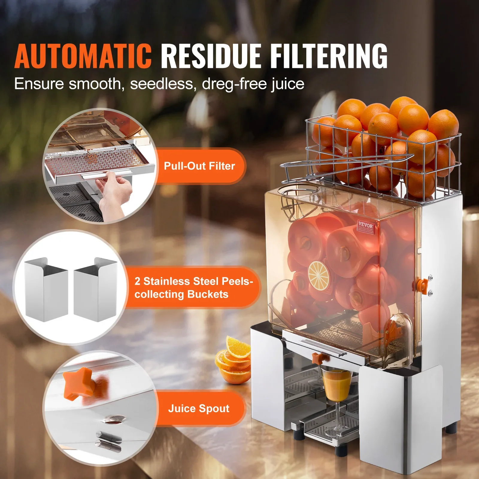 Automatic Commercial Stainless Steel Orange Juicer Extractor, Orange Squeezer with Pull-out Filter Box for Bar & Cafe